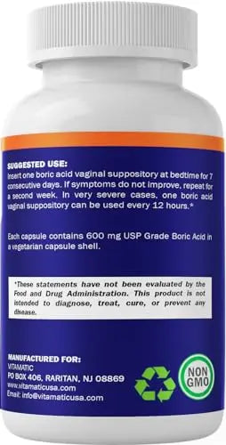 Vitamatic Boric Acid Vaginal Suppositories 600 mg USP Grade Boric Acid in Vegetarian Capsule Shell - 60 Count Vitamatic Au supplements