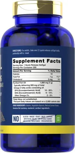 Fish Oil 1000mg | 300mg Omega 3 | 250 Count | Non-GMO and Gluten Free Supplement Carlyle Au supplements