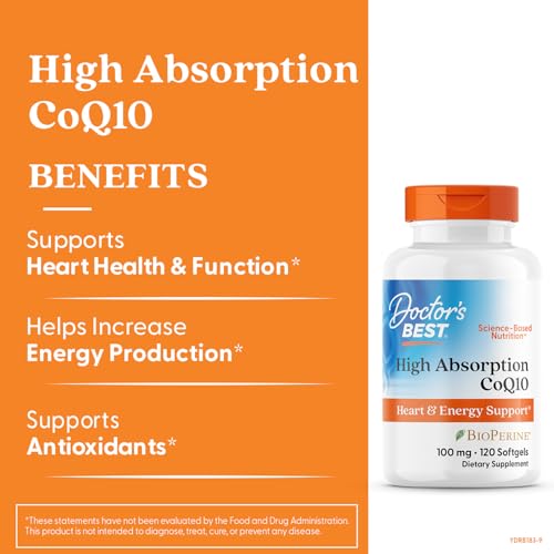 Doctor's Best High Absorption CoQ10 with BioPerine Supplement - Coenzyme Q10 Softgels for Heart Health & Antioxidant Support, Naturally Fermented CoQ10 100mg