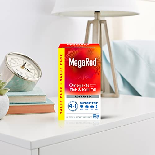 Megared Omega-3 Fish Oil + High Absorption Krill Oil 500mg Softgels, MegaRed Advanced 4in1 (80 count in a bottle) Concentrated Omega-3 Fish
