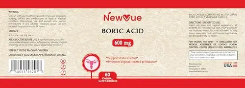 NewVue Boric Acid Vaginal Suppositories (600mg, 60 Count) Supports Vaginal pH Balance, Odor Control (USP Medical Grade Fine Powder, Easy Dissolve, Third Party Tested, Made in USA) NewVue Au supplements