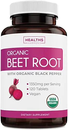 USDA Organic Beet Root Powder (120 Tablets) 1350mg Beets Per Serving with Black Pepper Healths Harmony Au supplements