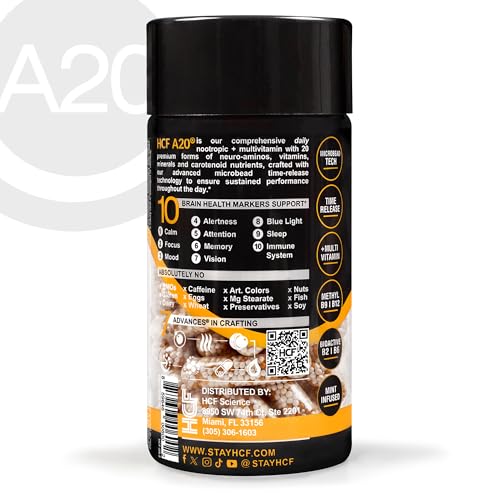 HCF A20 Microbead Brain Health Supplements for Adults for Memory, Focus, Calm, Mood, Alertness, Attention, Vision, Sleep, Immune System, 20 Premium Nootropic Nutrients Multivitamin & 7 Advances® Tech HCF Au supplements
