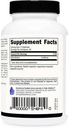 Primal Beta-Alanine Capsules 3400mg (30 Servings, 120 Capsules) - Supplement, Gluten Primal Au supplements