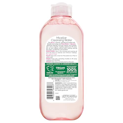 Garnier Micellar Water with Rose Water and Glycerin, Hydrating Facial Cleanser & Makeup Remover, For All Skin Types
