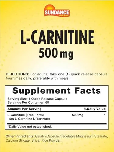 L-Carnitine 500mg | 60 Capsules | Free Form Amino Acid | Non-GMO and Gluten Free Sundance Au supplements