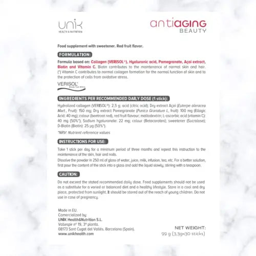 Unik Antiaging Beauty | Hydrolysed Collagen VERISOL (5 Clinical Studies) with Hyaluronic Acid UN 1K HEALTH & NUTRITION Au supplements