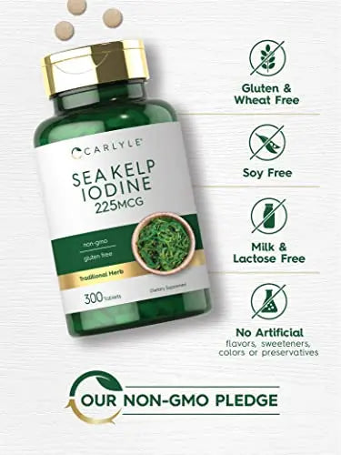 Sea Kelp Iodine Supplement | 225mcg | 300 Tablets | Non-GMO, Gluten Free | Traditional Carlyle Au supplements
