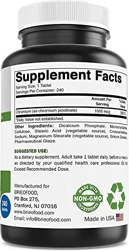 Brieofood Chromium Picolinate 1000 mcg Pills - 240 Tablets - 240 Servings - Non-GMO Brieofood Au supplements