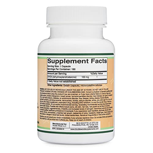 DHEA 100mg | 180 Capsules | Max Strength 6 Month Supply | Third Party Tested | Hormone Double Wood Supplements Au supplements
