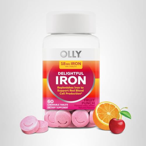 OLLY Delightful Iron Chewable Tablet, Iron Supplement from AB Fortis, Fruit Punch Flavored, 30 or 20 Day Supply - 60 Count