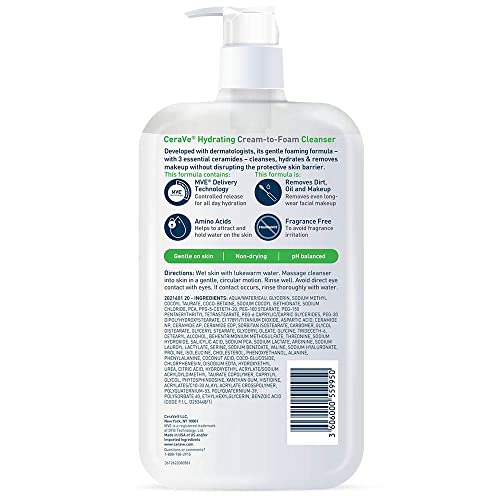 CeraVe Hydrating Cream To Foam Cleanser, Makeup Remover Face Wash For Dry Skin
