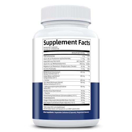 Brain Supplements for Memory & Focus - Nootropic with Bacopa Monnieri, Lion's Mane, Alpha GPC, Phosphatidylserine | Supports Mental Clarity & Cognitive Function | Vitamin B6 & B12-120 Capsules Migcopat Au supplements