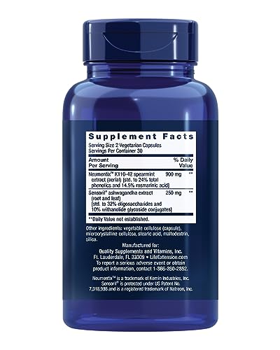 Life Extension Ashwagandha Plus Calm & Focus, ashwagandha Extract, Spearmint Extract, Focus, Attention, Relaxation, Advanced Formula, 60 Vegetarian Capsules Life Extension Au supplements
