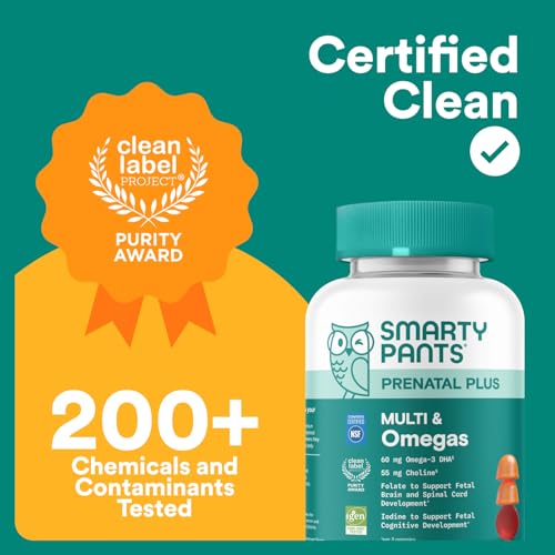 SmartyPants Prenatal Multivitamin Gummies with Omega 3 DHA/EPA, Methylfolate, Biotin, Vitamins D3, C, B12, B6, A, K, and Zinc, Gluten Free, Clean Label