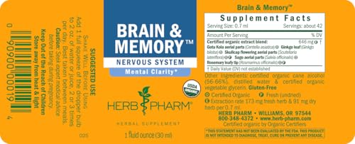 Herb Pharm Organic Nootropic Brain & Memory Supplement with Ginkgo Biloba Liquid Extract: Fast Absorption for Mental Focus Support, Ginkgo Supplement, Vegan, Gluten-Free, Non-GMO, 1 Oz Herb Pharm Au supplements