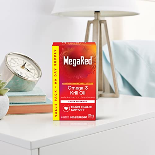 MegaRed Antarctic Krill Oil 500mg Omega 3 Fatty Acid Supplement, Extra Strength EPA & DHA Krill Oil Softgels (90cnt Box), Astaxanthin