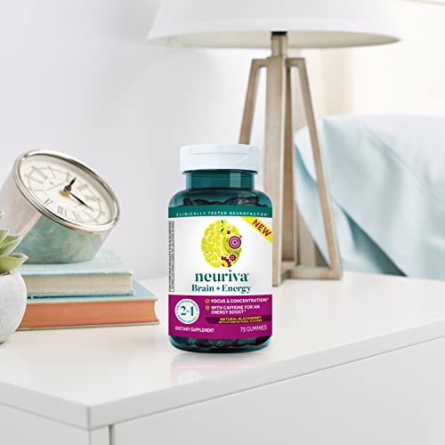 NEURIVA Brain + Energy Gummies, Nootropic Brain Supplements for Focus and Concentration with Neurofactor, Vitamin B12 & Caffeine for an Energy Boost*, 75ct Natural BlackBerry NEURIVA Au supplements