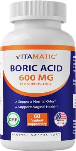 Vitamatic Boric Acid Vaginal Suppositories 600 mg USP Grade Boric Acid in Vegetarian Capsule Shell - 60 Count Vitamatic Au supplements