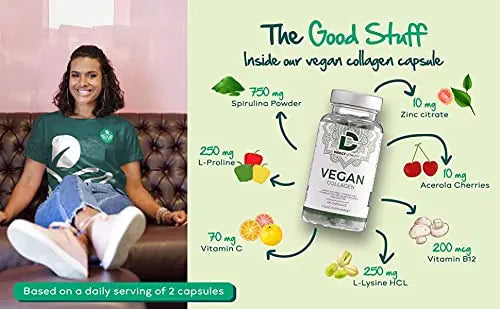 Vegan Collagen Supplement - 1400mg, Spirulina, L-Lysine, L-Proline, Acerola Cherries , Vitamin C & B12, Zinc, Hyaluronic Acid, UK Made D Direct Vitality Au supplements