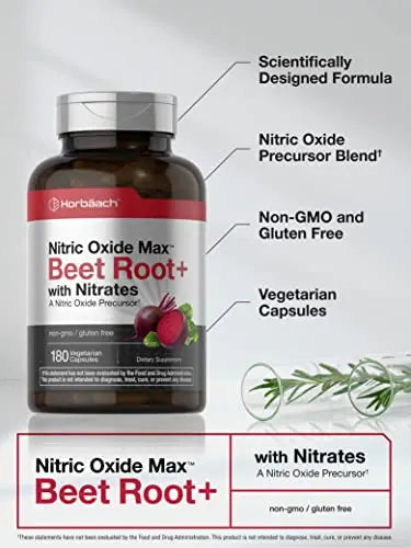 Nitric Oxide Beet Root Capsules | with Nitrates | 180 Count | Nitric Oxide Precursor | Vegetarian Horbäach Au supplements