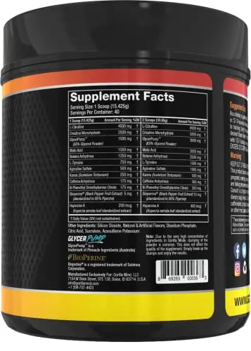 Gorilla Mode Pre Workout - Massive Pumps · Laser Focus · Energy · Power - L-Citrulline Gorilla Mind Au supplements