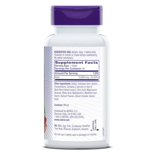 Natrol Biotin 10000mcg, 4X Faster Dissolve Supplement for Healthy Hair, Skin and Nails for Those Low in Biotin, Plus Energy Metabolism Support
