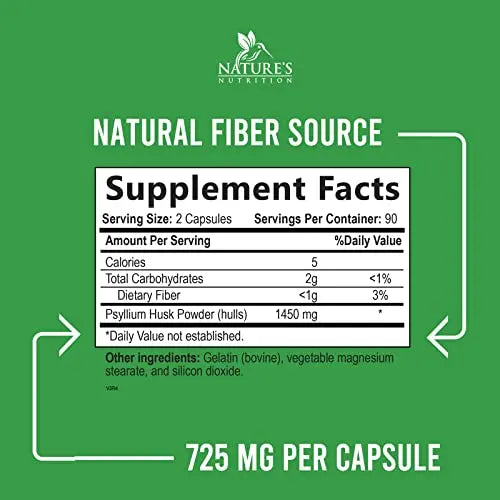 High Absorption Psyllium Husk Capsules 1450mg, Natural Soluble Fiber Supplement Non-GMO Nature's Nutrition Au supplements