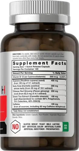 Ultra Energy Supplement | 120 Capsule Pills | with Caffeine & Vitamin B12 | Daily Energy Booster Horbäach Au supplements