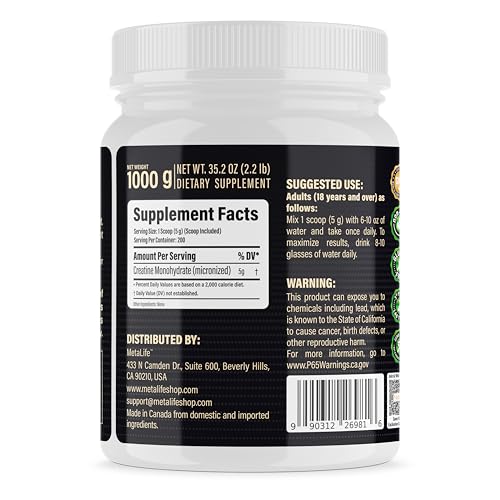 METALIFE 100% Pure Creatine Monohydrate Powder, Canada-Made, 1000 g (200 Servings) Micronized Powder, Muscle Growth, Unflavored, Ideal for Athletes & Fitness Enthusiasts, Third party lab tested, Vegan METALIFE Au supplements