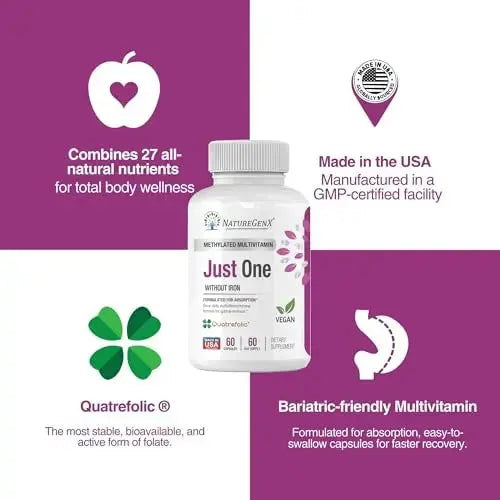 NatureGenX Just One Daily Methylated Multivitamin - 60 Caps Pure Methyl B12, Methylfolate MTHFR Support Supplement Iron Free Methylated Vitamins NatureGenX Au supplements