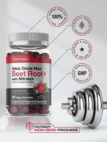 Nitric Oxide Beet Root Gummies | 60 Count | with Nitrates | Natural Strawberry Flavor Horbäach Au supplements
