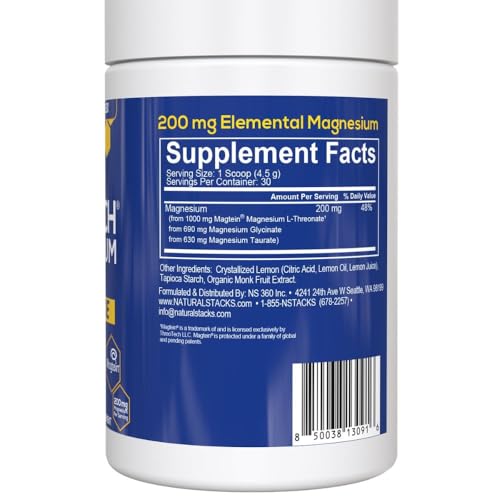 Magtein Magnesium L-Threonate, Glycinate & Taurate - MagTech Magnesium Powder - Sugar Free Lemonade Drink - 200mg Chelated Triple Complex - Supports Relaxation & Brain Health* - 30 Servings NATURAL STACKS Au supplements