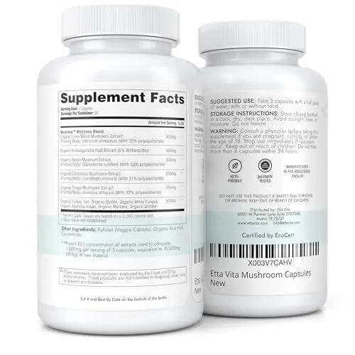 USDA Organic Lions Mane Supplement Capsules with Ashwagandha, Chaga, Reishi, Cordyceps Etta Vita Au supplements