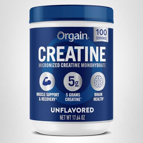 Orgain Creatine Monohydrate Micronized Powder, 100 Servings, Unflavored, Supports Muscle Growth, Post Workout Recovery and Brain Health, No Artificial Additives
