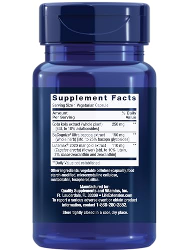 Life Extension Quick Brain Nootropic, Fast Thinking, Learning, Concentration, Lutein, zeaxanthin, gotu kola, bacopa, Gluten Free, Non-GMO, Vegetarian, 1 Daily, 30 Capsules Life Extension Au supplements