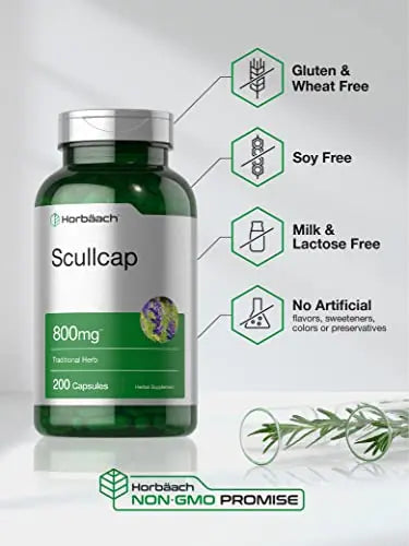Scullcap Capsules | 800 mg | 200 Count | Max Potency, Value Size | Non-GMO and Gluten Horbäach Au supplements
