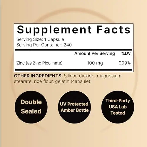 High Potency Zinc Picolinate 100mg - 240 Capsules, Bioavailable Form of Zinc NatureBell Au supplements