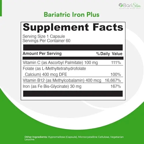 BariSlim Iron Plus Capsules - Formulated for Patients After Weight Loss Surgery Including BariSlim Au supplements