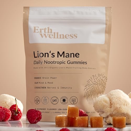 Erth Wellness Lion’s Mane Mushroom Gummies – 10,000mg Fruiting Body Extract per Serving – Brain & Focus Support – Daily Nootropic – Vegan, Low Sugar, Non-GMO – 60 Ct Erth Wellness Au supplements