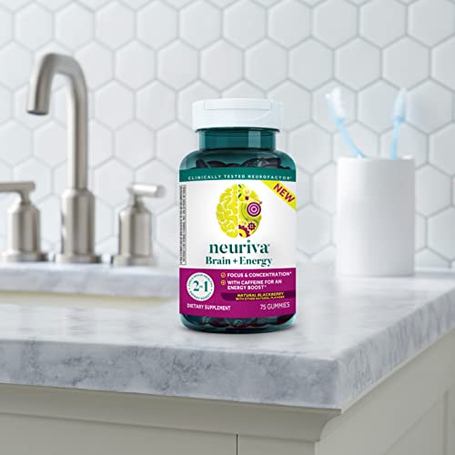 NEURIVA Brain + Energy Gummies, Nootropic Brain Supplements for Focus and Concentration with Neurofactor, Vitamin B12 & Caffeine for an Energy Boost*, 75ct Natural BlackBerry NEURIVA Au supplements