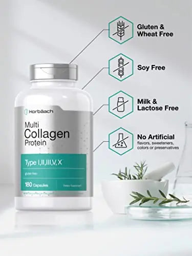 Multi Collagen Protein 2000 mg | 180 Capsules | Type I, II, III, V, X | Collagen Peptide Pills Horbäach Au supplements