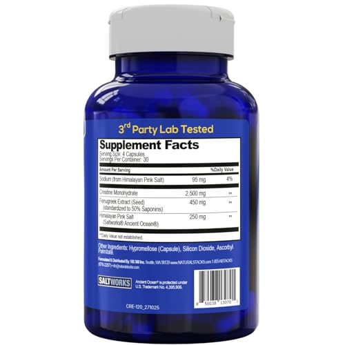 Creatine Monohydrate - 2500mg Creatine Pills - 450mg Fenugreek Extract & 250mg Himalayan Pink Salt - Supports Brain Health, Endurance & Muscle Building - Advanced Absorption Formula - 120 Capsules NATURAL STACKS Au supplements