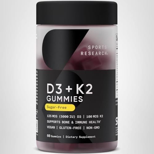 Sports Research® Vegan Vitamin D3 + K2 Sugar-Free Gummies - 125mcg (5000iu) Vitamin D w/ 100mcg Mk7 Vitamin K - Supports Bone & Immune Health