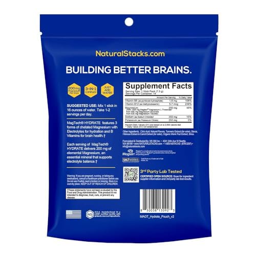 MagTech Magnesium Hydrate Packets - Sugar Free Hydration Powder - Magtein Magnesium L-Threonate, Glycinate & Taurate - 200mg Chelated Triple Complex - Supports Hydration & Brain Health* - 14 Servings NATURAL STACKS Au supplements