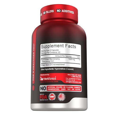 Herbtonics Korean Red Panax Ginseng 1500mg - Energy Supplement for Peak Performance, Focus & Vitality - High Potency Ginseng Root Extract - 120 Vegan Capsules Herbtonics Au supplements