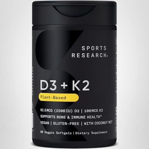 Sports Research® Vitamin D3 + K2 w/Coconut Oil - Vegan Vitamin D 2500iu (62.5mcg) & Mk7 Vitamin K 100mcg for Bone & Immune Support - Vegan Certified