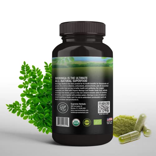 SUPREME HERBALS, 100% Raw and Pure Moringa Leaf Powder Capsules. Organic Certified Moringa Leaf. Natural Superfood with Essential Amino Acids