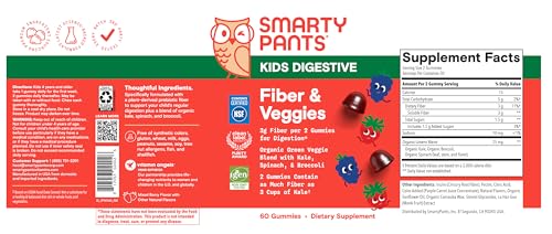 SmartyPants Kids Fiber & Veggies: Prebiotic Fiber Gummies for Kids, Fiber Supplement with Inulin, Organic Green Veggie Blend, Vegan, Gluten Free