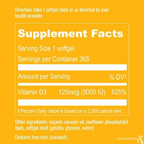 UpNourish Liposomal Vitamin D3 5000 IU Softgels - 1 Year Supply | Organic Coconut Oil Infused Vitamin D Supplements - Support Bone, Dental, Heart, Mood & Immune Health - Non GMO Gluten Free - 365 ct UpNourish Au supplements